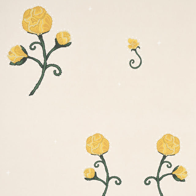 Rhinestone Cowboy wallpaper in bright yellow with stylized floral pattern by Schumacher, shown in room and detail views.