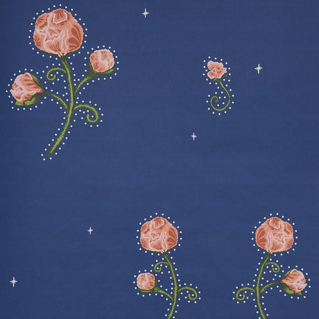 Rhinestone Cowboy wallpaper in Clean Blue by Schumacher, featuring stylized pink flowers with chainstitch outlines and twinkling accents on a blue background.