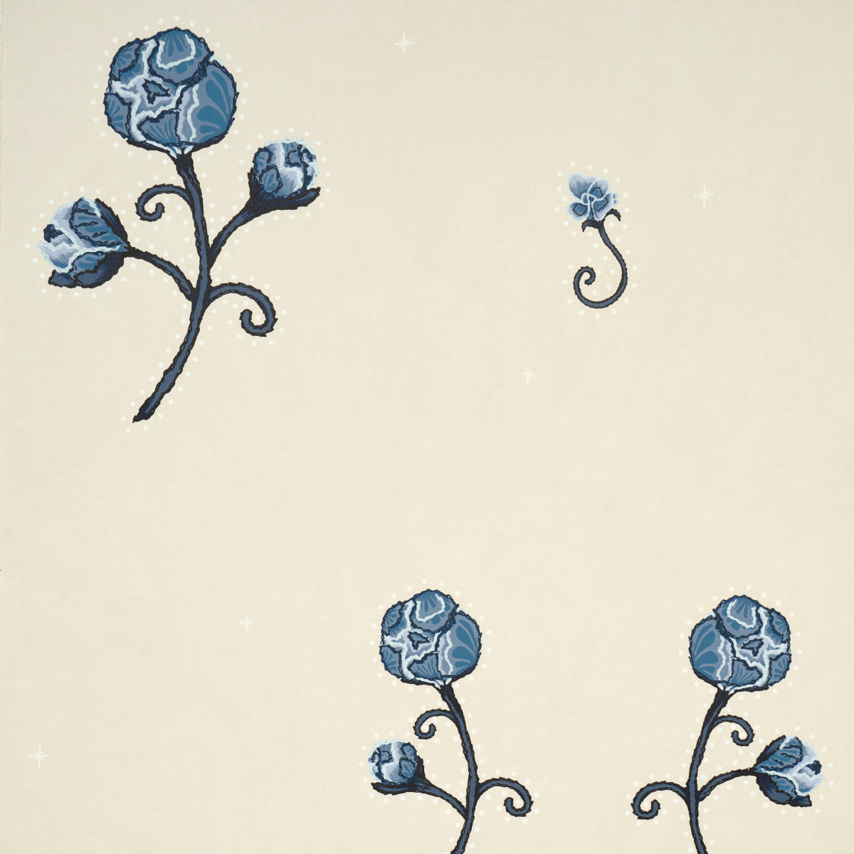 Rhinestone Cowboy navy floral wallpaper by Schumacher, featuring stylized blue flowers with chainstitch outlines and twinkling accents on a neutral background.