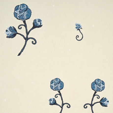 Rhinestone Cowboy navy floral wallpaper by Schumacher, featuring stylized blue flowers with chainstitch outlines and twinkling accents on a neutral background.