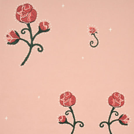 Rhinestone Cowboy pink floral wallpaper by Schumacher, featuring stylized flowers with chainstitch outlines and twinkling accents.