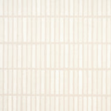 Wabi-Sabi Light Beige geometric grid wallpaper by Schumacher, hand-painted look, shown in kitchen interior and close-up views.