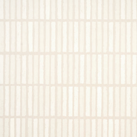 Wabi-Sabi Light Beige geometric grid wallpaper by Schumacher, hand-painted look, shown in kitchen interior and close-up views.