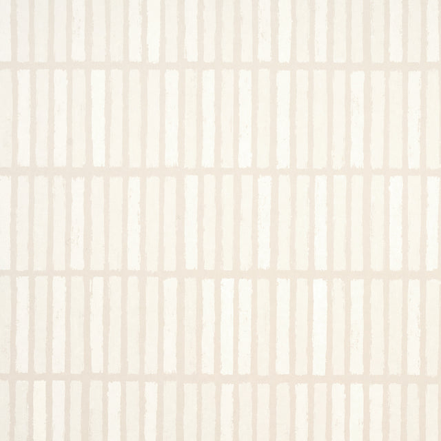 Wabi-Sabi Light Beige geometric grid wallpaper by Schumacher, hand-painted look, shown in kitchen interior and close-up views.