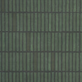 WABI-SABI Moss geometric grid wallpaper by Schumacher, hand-painted look in green tones, styled in a modern kitchen interior.