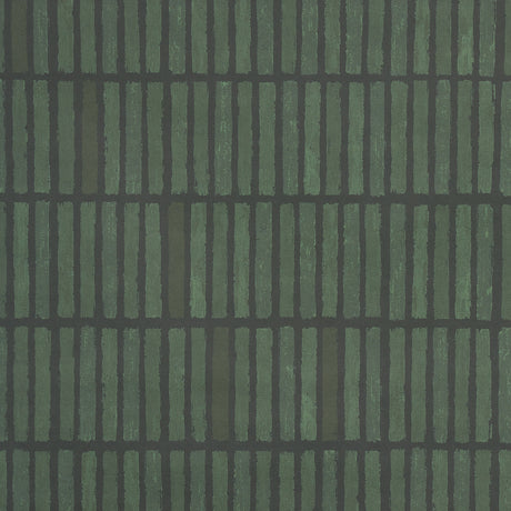 WABI-SABI Moss geometric grid wallpaper by Schumacher, hand-painted look in green tones, styled in a modern kitchen interior.