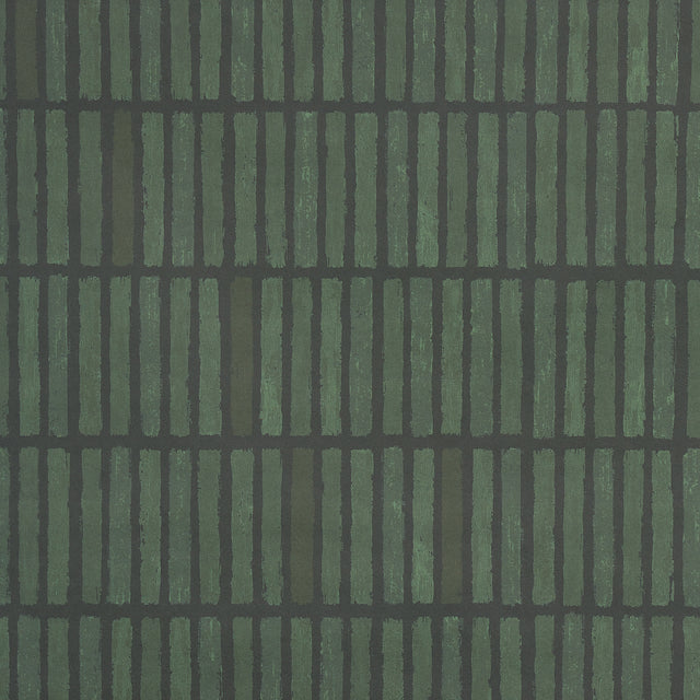 WABI-SABI Moss geometric grid wallpaper by Schumacher, hand-painted look in green tones, styled in a modern kitchen interior.