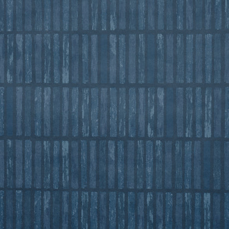 Wabi-Sabi dark blue geometric grid wallpaper by Schumacher, hand-painted look, styled in a modern kitchen interior.