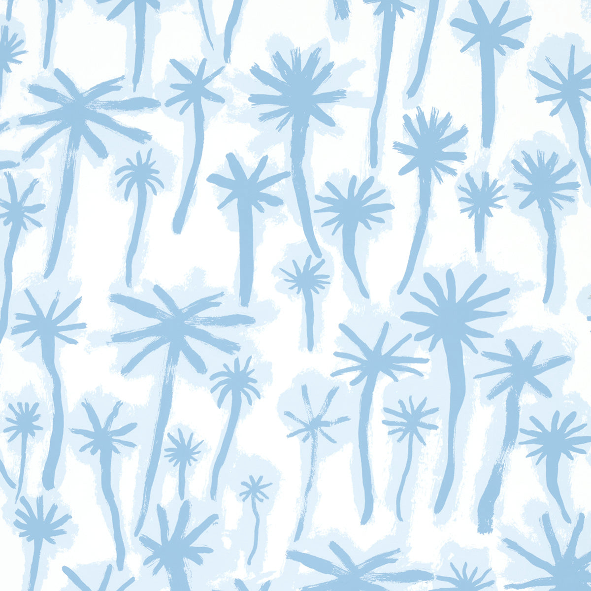 PALMITAS wallpaper in Mist by Abel Macias for Schumacher, featuring hand-painted blue palm trees on a white background.