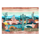 Desert Scape Panel Set by Abel Macias for Schumacher, a vibrant mural wallpaper featuring hand-painted cacti and desert landscape in prismatic colors.