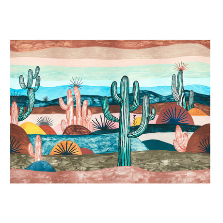 Desert Scape Panel Set by Abel Macias for Schumacher, a vibrant mural wallpaper featuring hand-painted cacti and desert landscape in prismatic colors.
