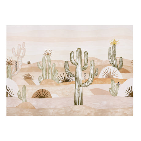 Desert Scape Panel Set wallpaper mural by Abel Macias for Schumacher, featuring a hand-painted desert landscape with cacti in Mojave colorway.