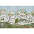 Forest Hills Panel Set wallpaper mural by Abel Macias for Schumacher, featuring stylized trees and a dreamy landscape in sky blue and green tones.