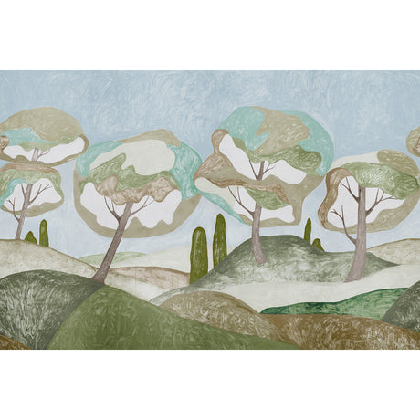 Forest Hills Panel Set wallpaper mural by Abel Macias for Schumacher, featuring stylized trees and a dreamy landscape in sky blue and green tones.