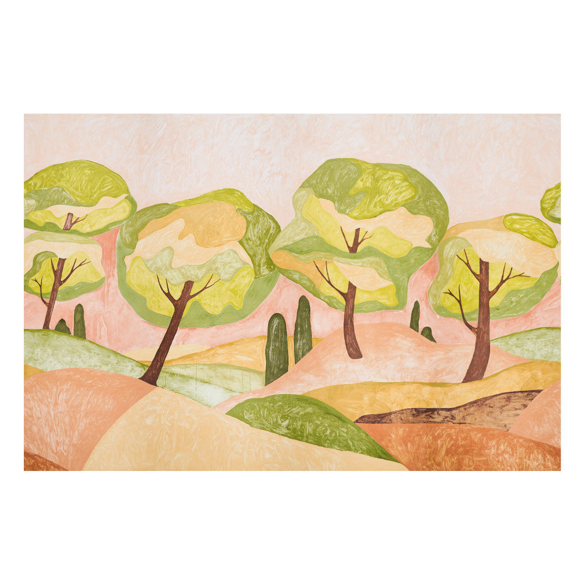 Forest Hills Panel Set wallpaper mural by Abel Macias for Schumacher, featuring stylized trees in a sunset colorway.