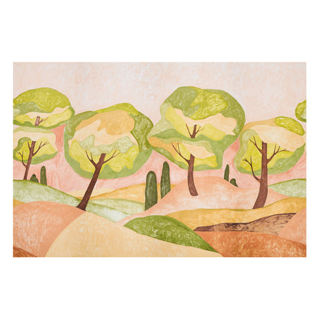 Forest Hills Panel Set wallpaper mural by Abel Macias for Schumacher, featuring stylized trees in a sunset colorway.