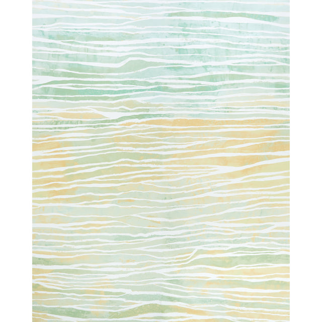 Terra Panel Set in Jade by Abel Macias for Schumacher. Abstract, hand-painted look wallpaper inspired by desert rock formations, shown in a modern interior.
