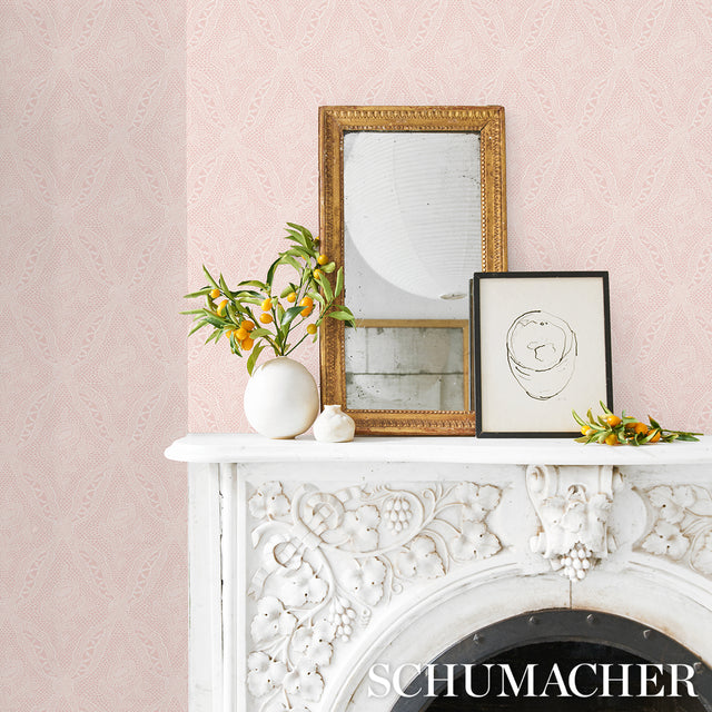 Cosette Lace Blush by Schumacher Intricate Floral Lattice Wallpaper – Schumacher 5014720