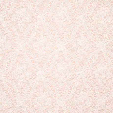 Cosette Lace blush wallpaper with intricate floral lattice design by Schumacher