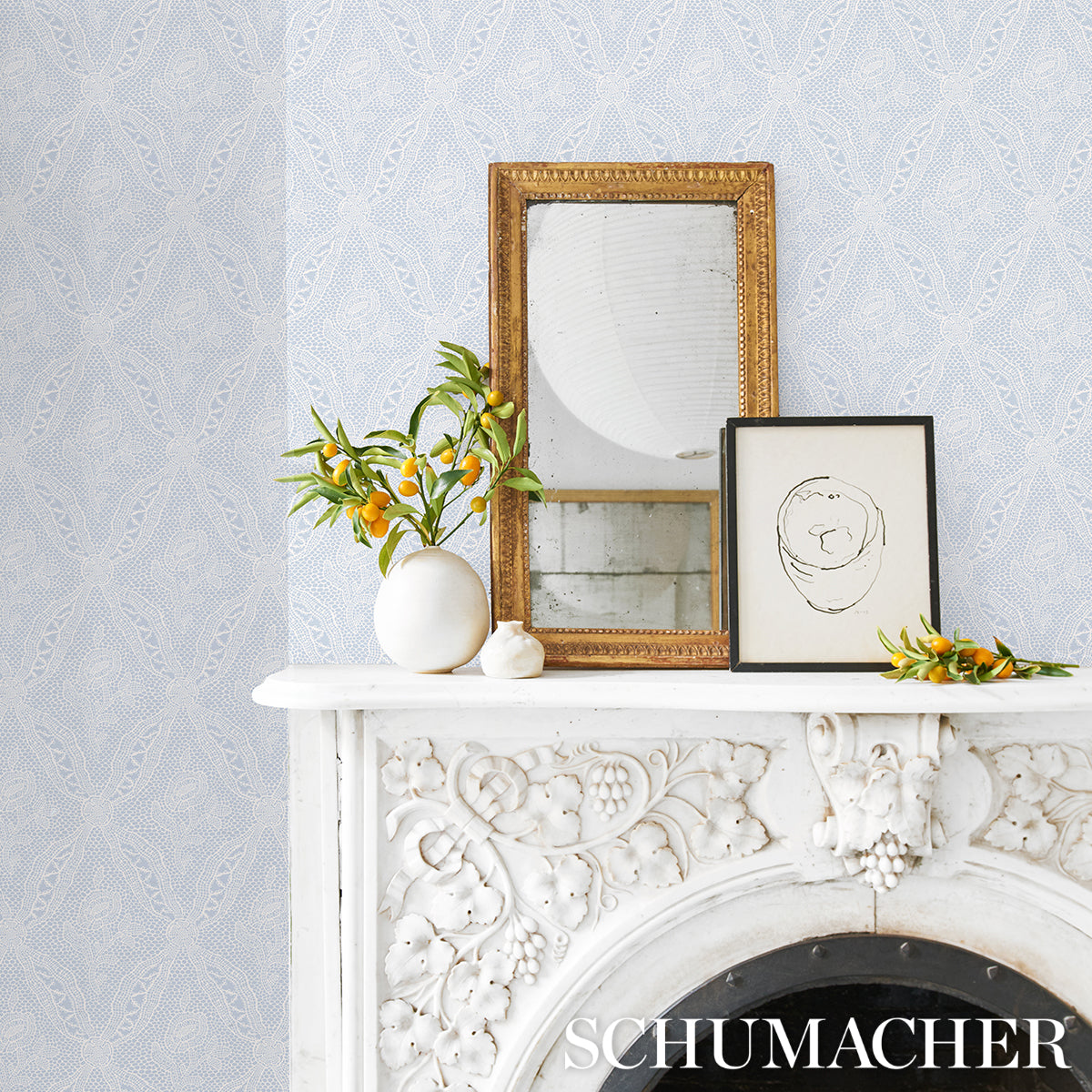 Cosette Lace Cornflower by Schumacher Intricate Floral Lattice Wallpaper – Schumacher 5014722