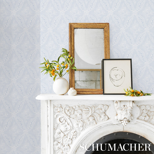 Cosette Lace Cornflower by Schumacher Intricate Floral Lattice Wallpaper – Schumacher 5014722