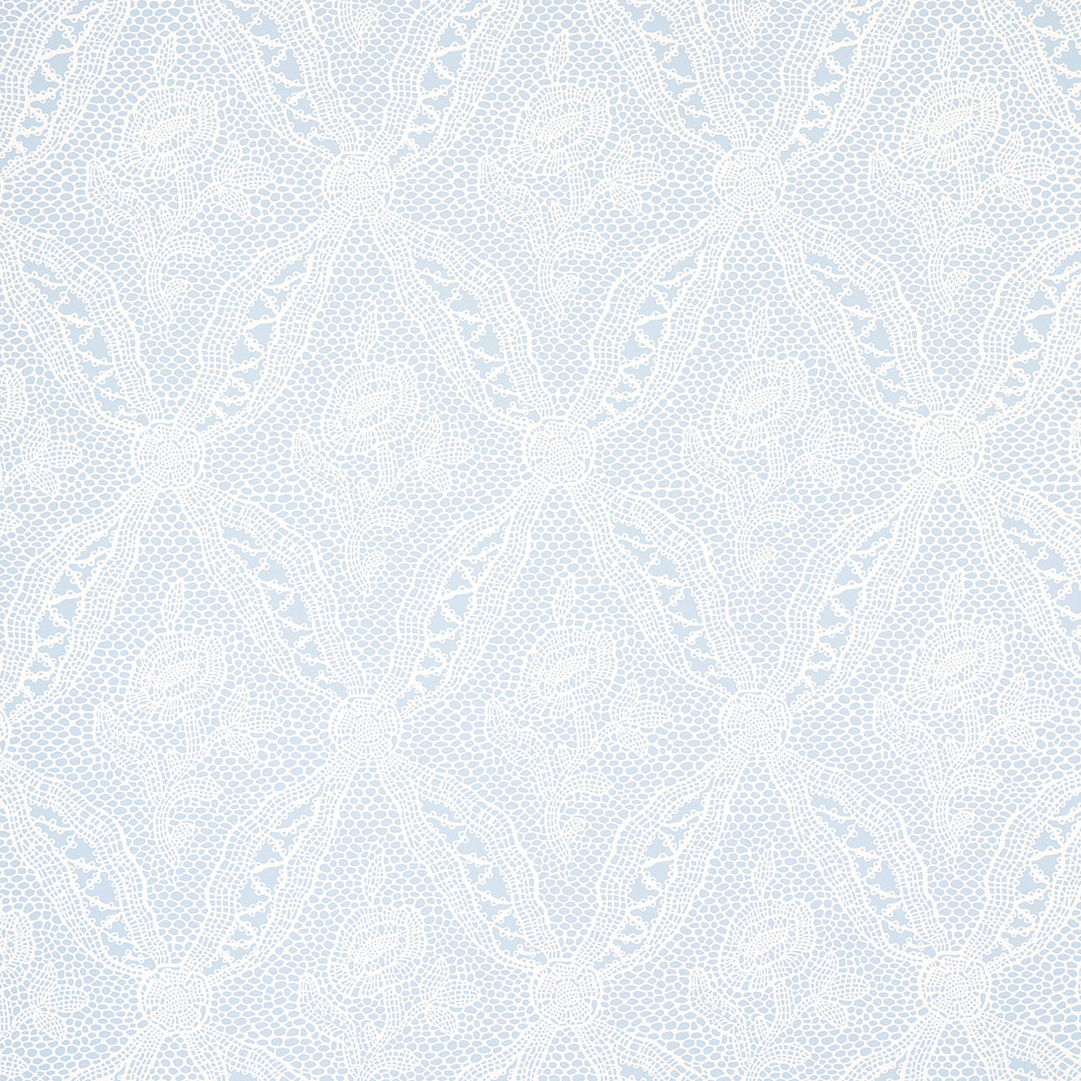 Cosette Lace Cornflower wallpaper by Schumacher, intricate floral lattice design in blue and white.