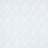 Cosette Lace Cornflower wallpaper by Schumacher, intricate floral lattice design in blue and white.