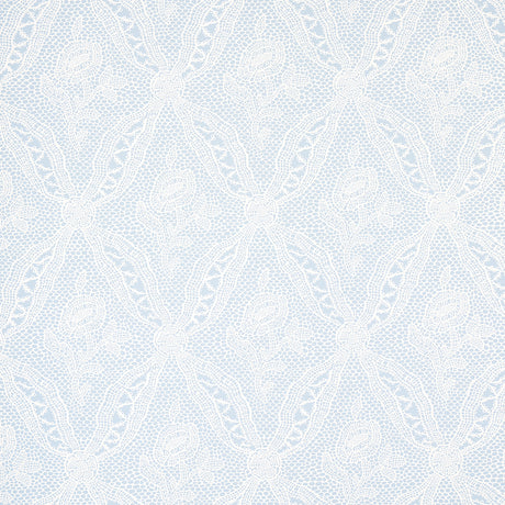 Cosette Lace Cornflower wallpaper by Schumacher, intricate floral lattice design in blue and white.