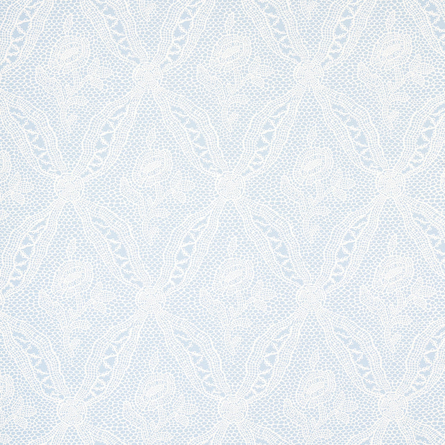 Cosette Lace Cornflower wallpaper by Schumacher, intricate floral lattice design in blue and white.