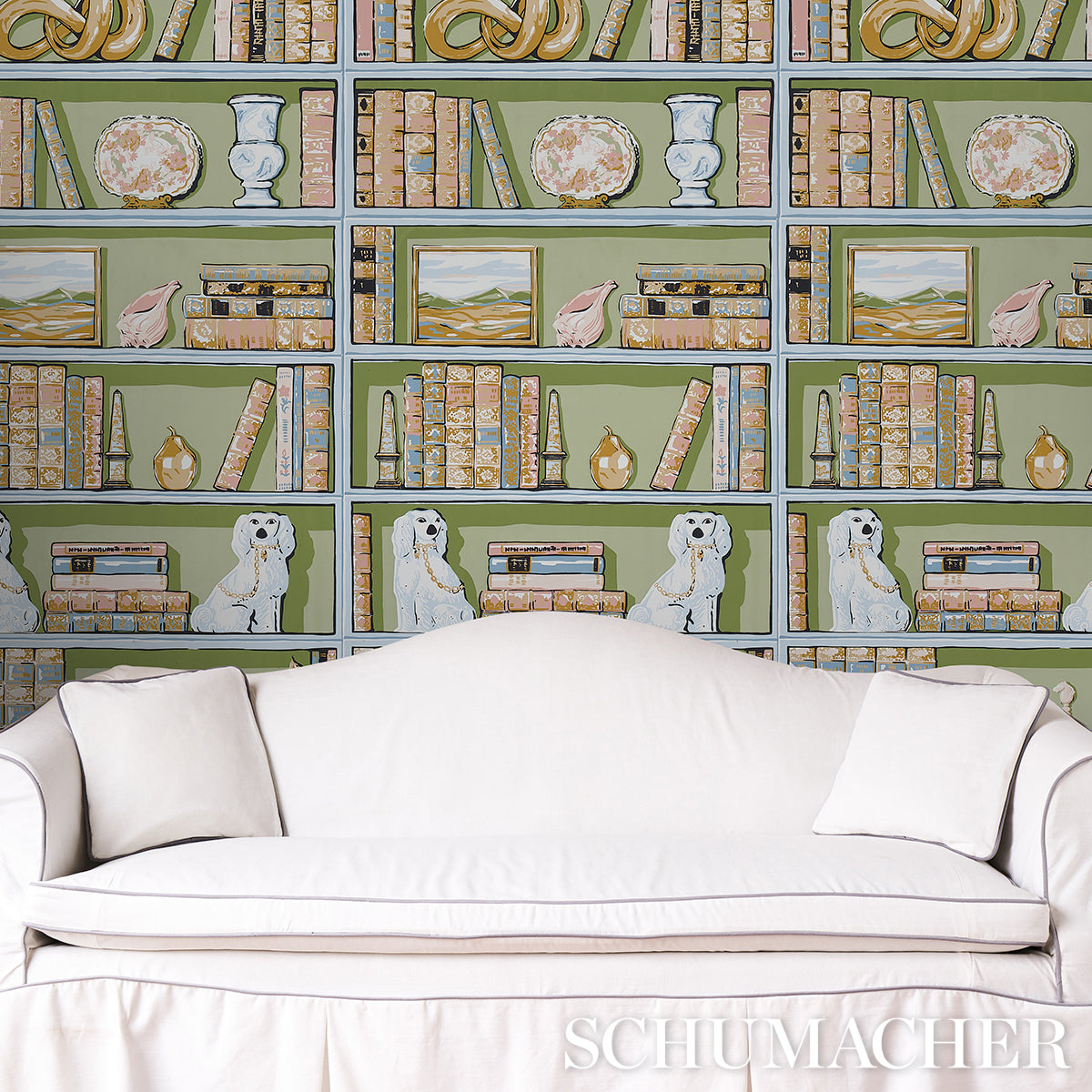 Natalie's Library Celadon by Schumacher Hand-Screened Trompe L'oeil Bookshelf Wallpaper – Schumacher 5014730