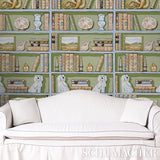Natalie's Library Celadon by Schumacher Hand-Screened Trompe L'oeil Bookshelf Wallpaper – Schumacher 5014730
