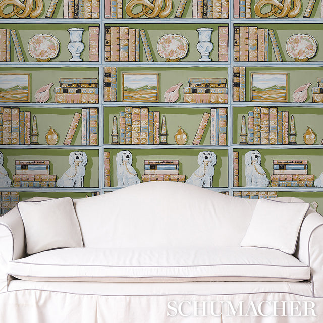 Natalie's Library Celadon by Schumacher Hand-Screened Trompe L'oeil Bookshelf Wallpaper – Schumacher 5014730