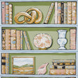 Natalie's Library celadon wallpaper by Schumacher featuring hand-screened trompe l'oeil shelves with books, Staffordshire dogs, and curios.