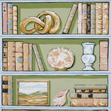 Natalie's Library celadon wallpaper by Schumacher featuring hand-screened trompe l'oeil shelves with books, Staffordshire dogs, and curios.