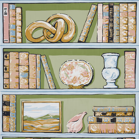 Natalie's Library celadon wallpaper by Schumacher featuring hand-screened trompe l'oeil shelves with books, Staffordshire dogs, and curios.