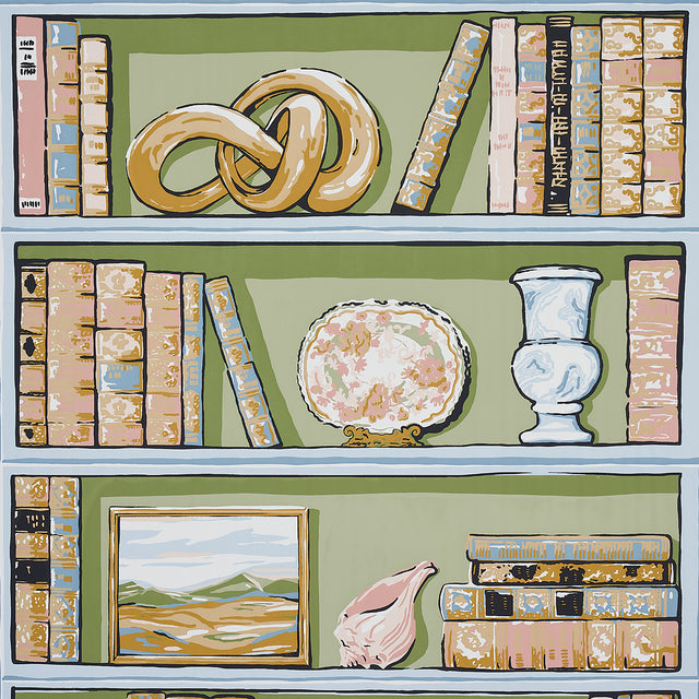 Natalie's Library celadon wallpaper by Schumacher featuring hand-screened trompe l'oeil shelves with books, Staffordshire dogs, and curios.