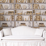 Natalie's Library Mocha by Schumacher Trompe L'oeil Bookshelf Wallpaper – Schumacher 5014731
