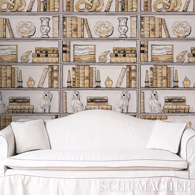 Natalie's Library Mocha by Schumacher Trompe L'oeil Bookshelf Wallpaper – Schumacher 5014731