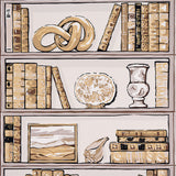 Natalie's Library Mocha wallpaper by Schumacher featuring trompe l'oeil shelves with books, Staffordshire dogs, and curios in mocha tones.
