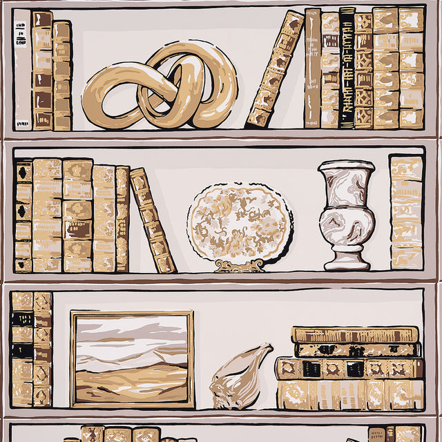 Natalie's Library Mocha wallpaper by Schumacher featuring trompe l'oeil shelves with books, Staffordshire dogs, and curios in mocha tones.