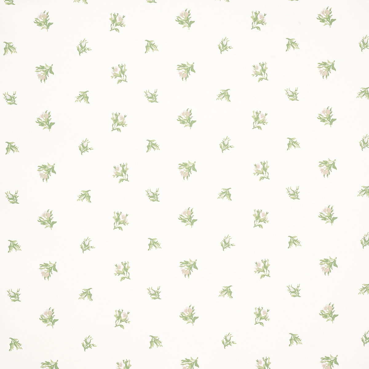 Margie Floral wallpaper in Gris by Schumacher, featuring a delicate small-scale rosebud pattern in green and white.