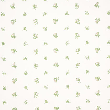 Margie Floral wallpaper in Gris by Schumacher, featuring a delicate small-scale rosebud pattern in green and white.