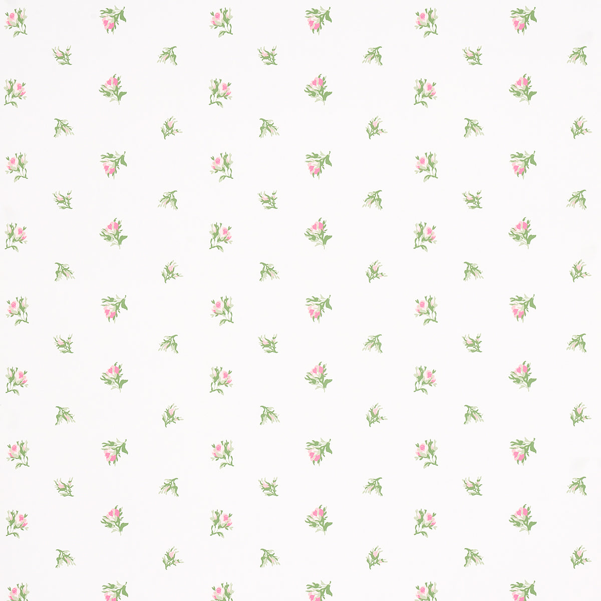 Margie Floral wallpaper in rose by Schumacher, featuring a delicate small-scale rosebud pattern on a white background.