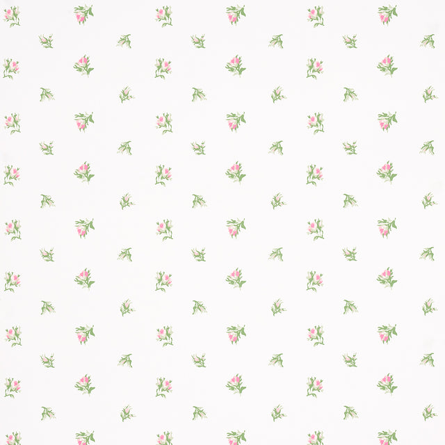 Margie Floral wallpaper in rose by Schumacher, featuring a delicate small-scale rosebud pattern on a white background.