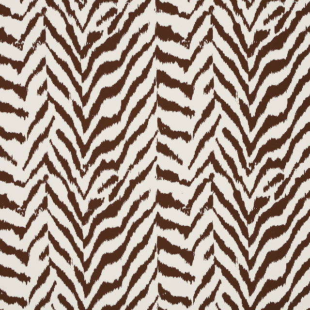 Quincy Cocoa animal print wallpaper from Schumacher's Moon River collection, shown in a styled interior and close-up detail.