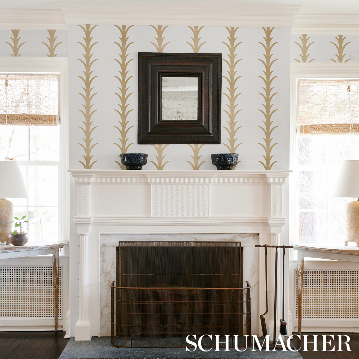 Acanthus Stripe Gold on Ivory by Schumacher – Celerie Kemble Designer Wallpaper – 5014772