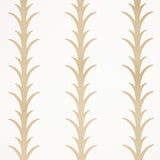 Acanthus Stripe wallpaper in gold on ivory by Schumacher, featuring a stylized acanthus motif in a vertical stripe pattern.