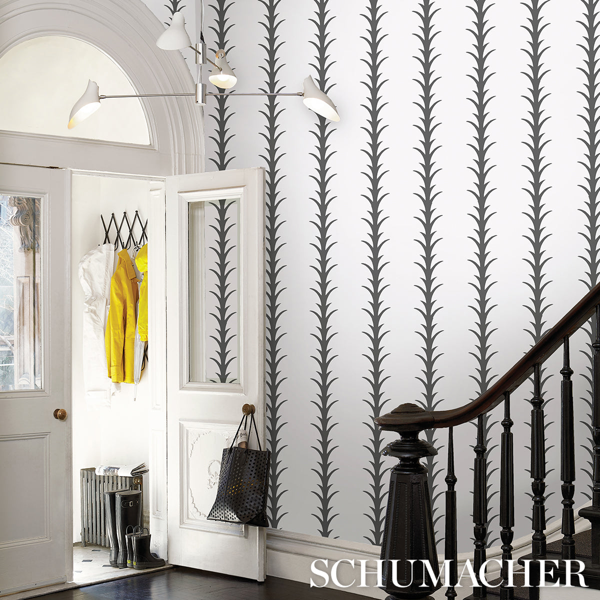 Acanthus Stripe Carbon on Ivory by Schumacher Modern Classic Wallpaper – 5014773