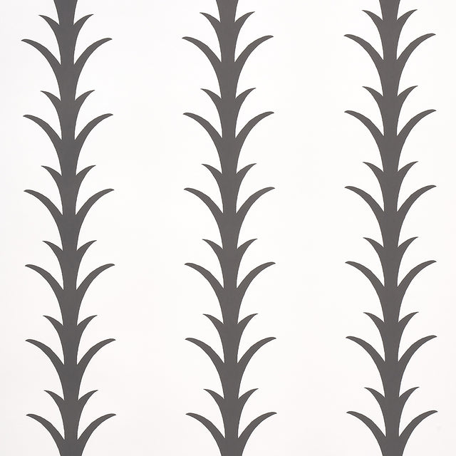Acanthus Stripe wallpaper in carbon on ivory by Schumacher, featuring a stylized acanthus leaf stripe pattern in a modern interior setting.