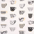 Onie's Teacups wallpaper in Ink by Schumacher, featuring hand-painted porcelain teacups with chinoiserie motifs in black, white, and gold.